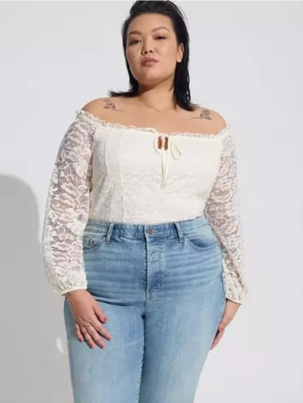 Stretch Lace Off Shoulder Corset Seamed Long Sleeve Top